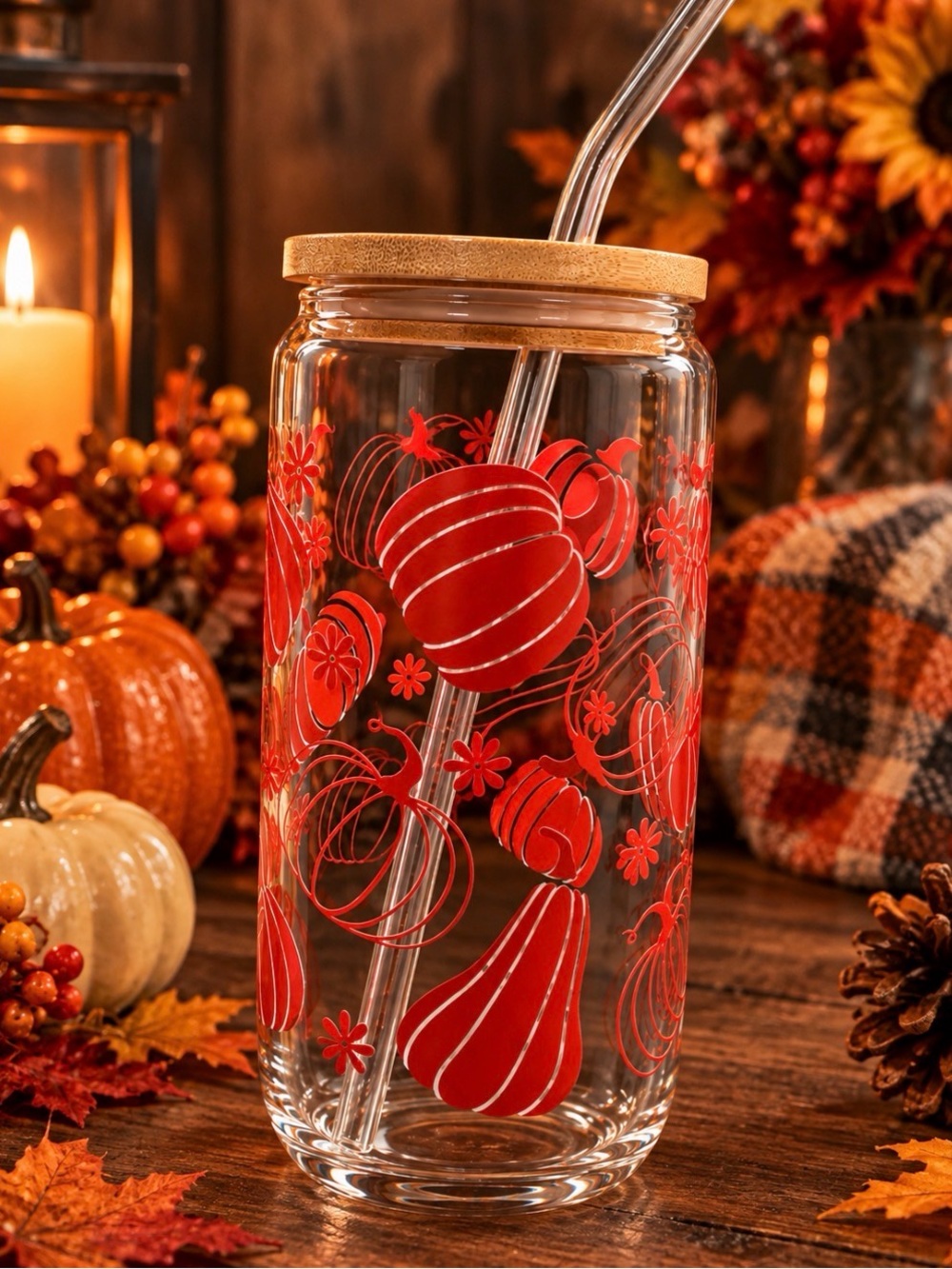Red Pumpkin Glass Tumbler with Bamboo Lid - Seasonal Drink Jar
